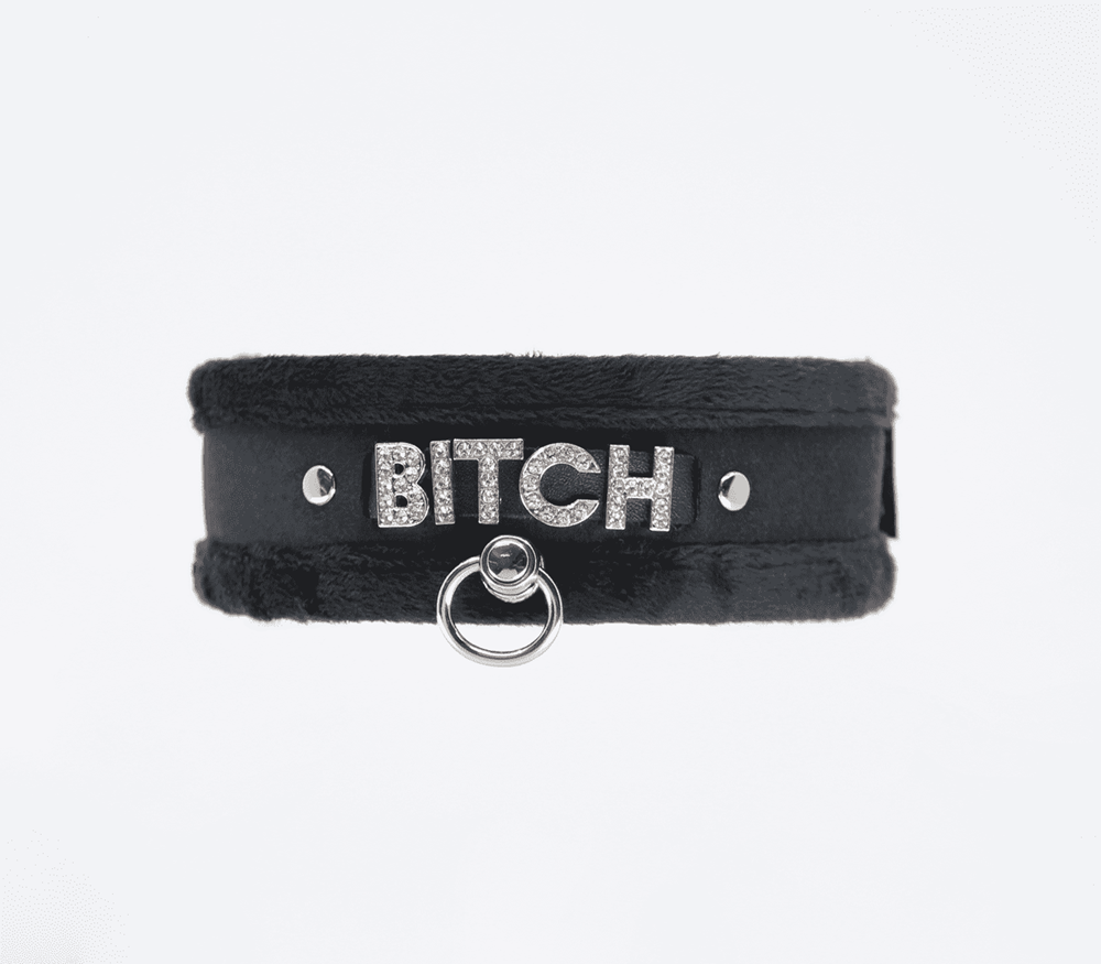 Love In Leather Diamante Bitch Fluffy Bondage Collar - Collars and Leads