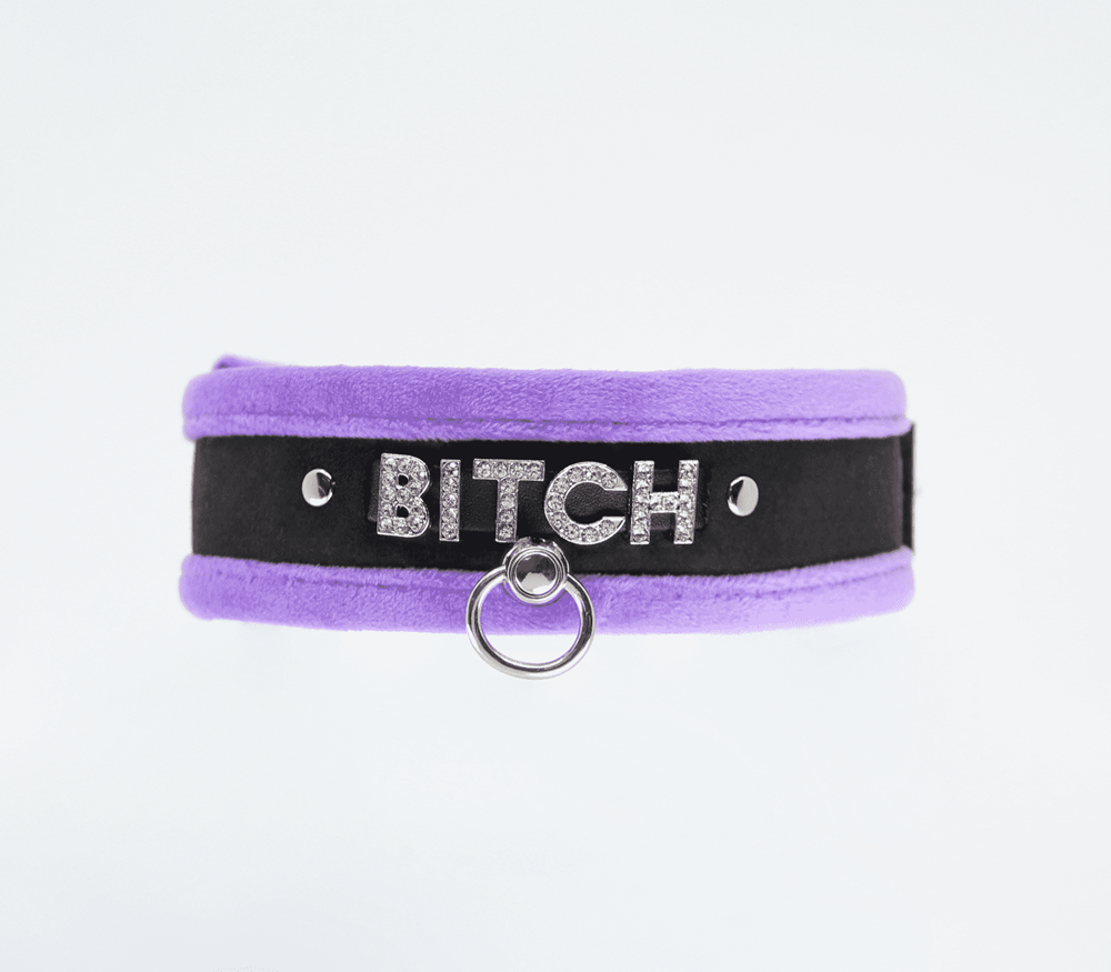 Love In Leather Diamante Bitch Fluffy Bondage Collar - Collars and Leads