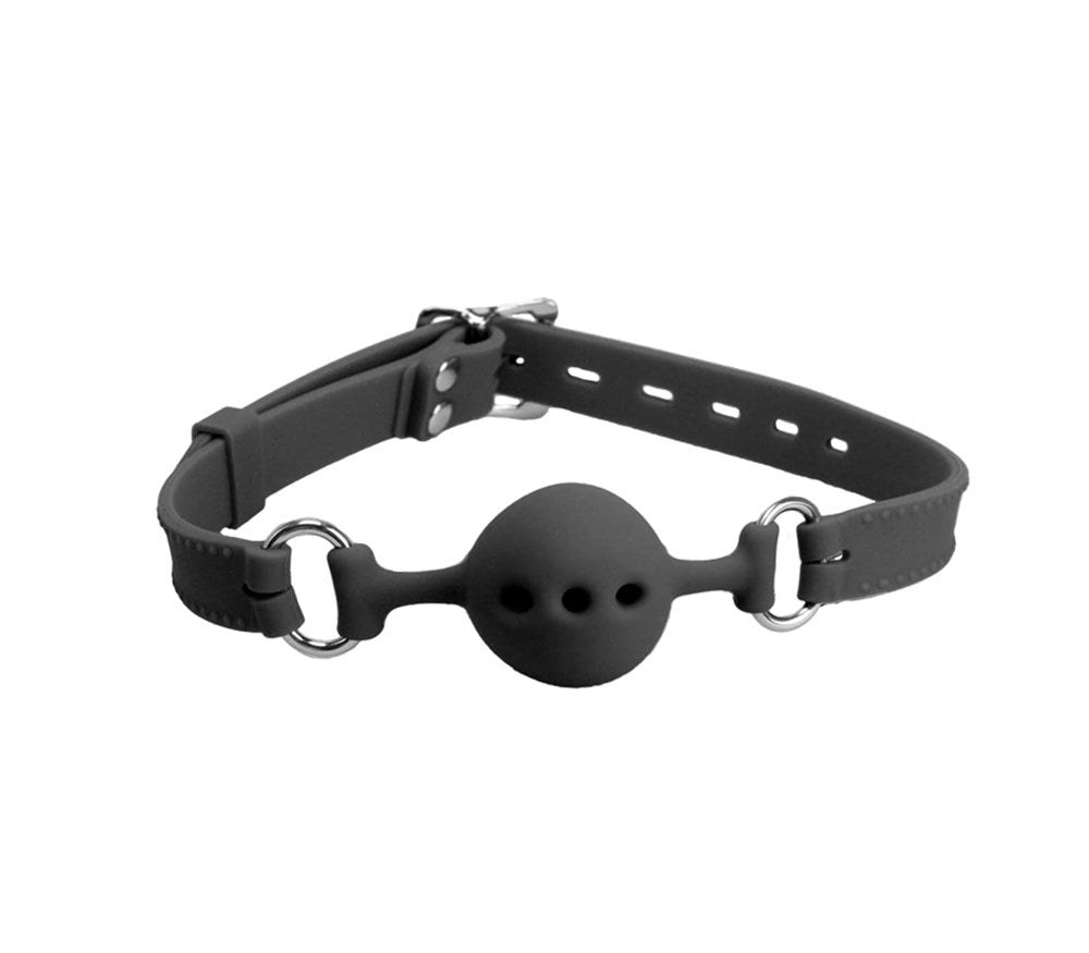 Love In Leather Silicone Gag with Petite Breathable Ball - Black - Bondage Gags and Bits