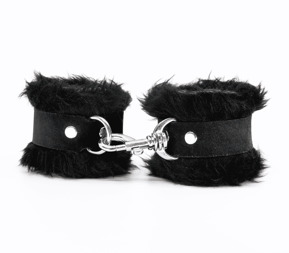 Love In Leather Fluffy Cuffs with Suede Leather Strap - Black - Cuffs And Restraints