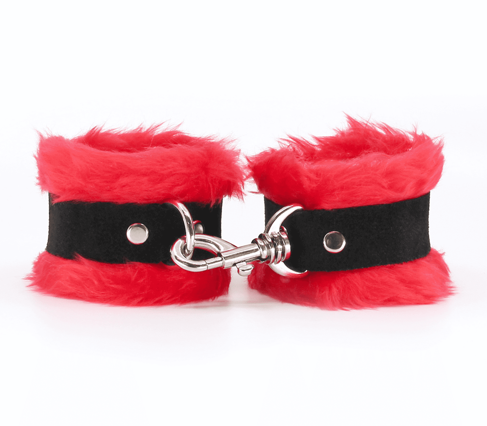Love In Leather Fluffy Cuffs with Suede Leather Strap - Red - Cuffs And Restraints