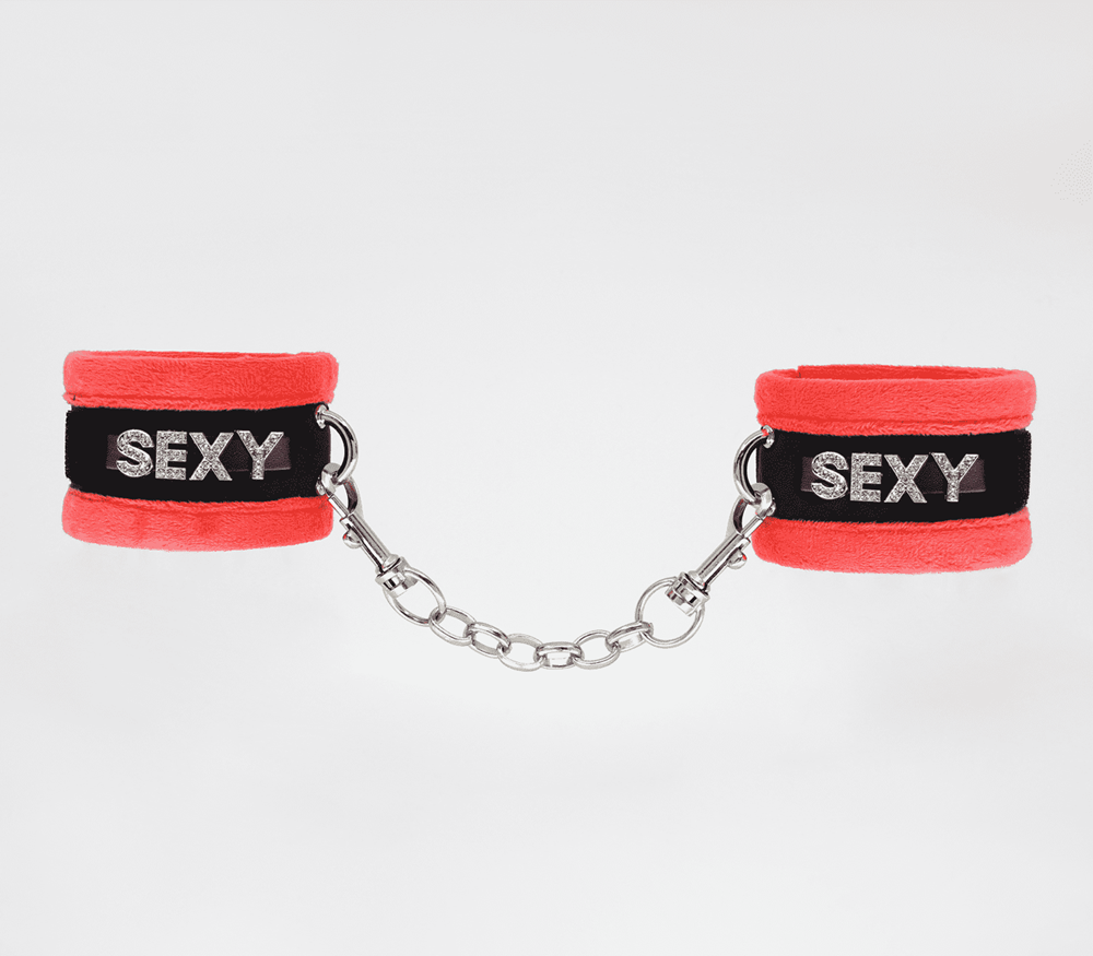 Love In Leather Fluffy Diamante SEXY Wrist Cuffs - Red - Cuffs And Restraints