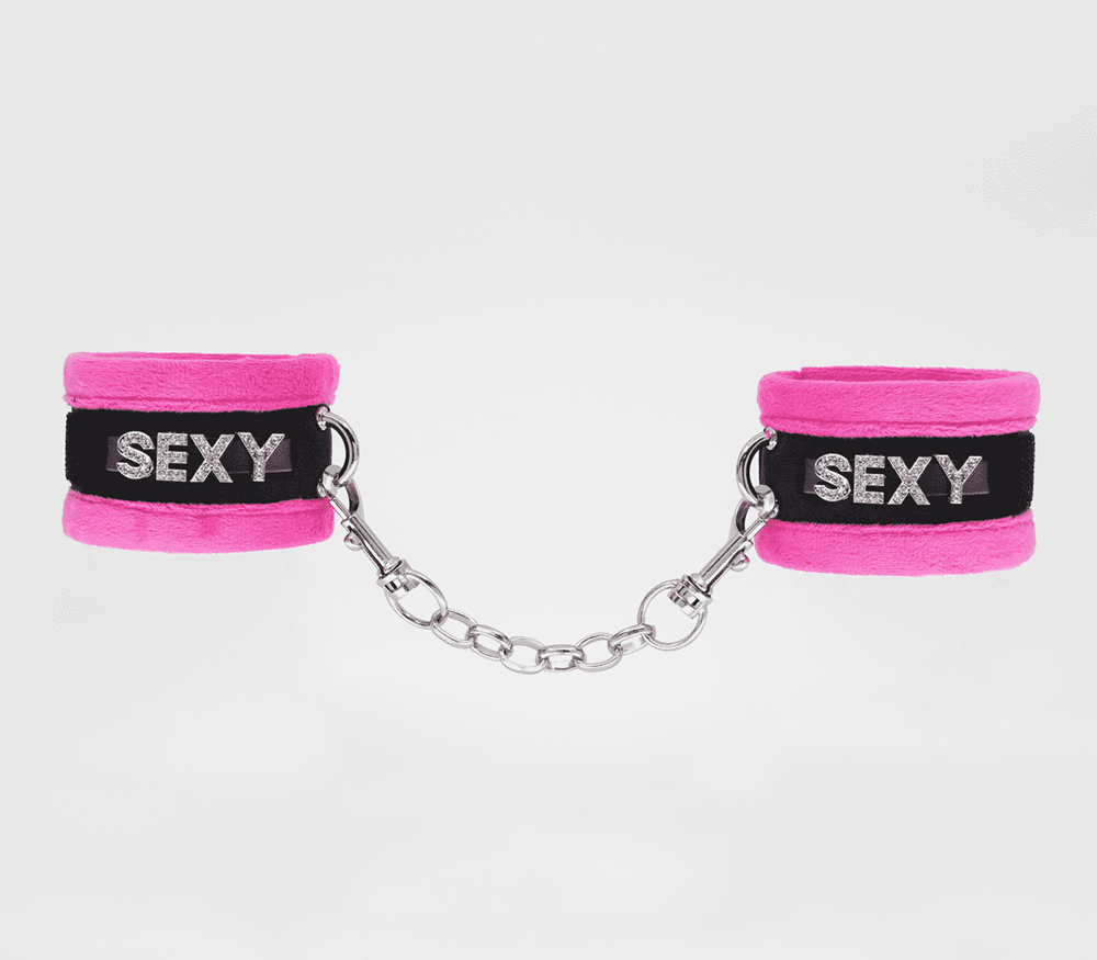 Love In Leather Fluffy Diamante SEXY Wrist Cuffs - Pink - Cuffs And Restraints