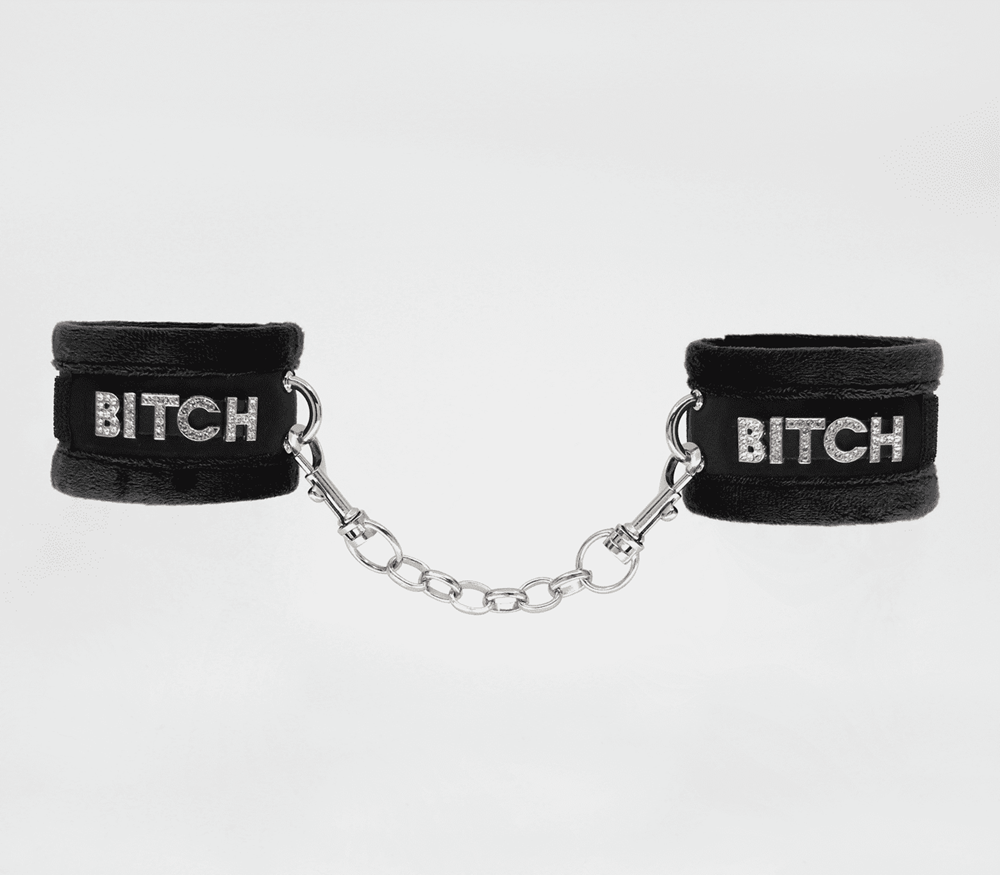 Love In Leather Diamante Bitch Fluffy Wrist Restraints - Black - Cuffs And Restraints