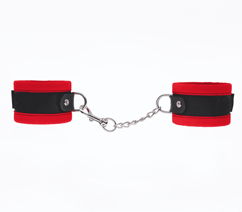 Love In Leather Lightly Padded Velveteen Hand Cuffs - Red - Cuffs And Restraints
