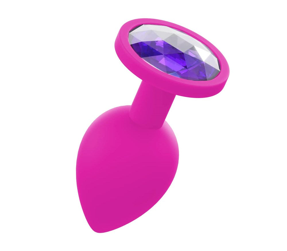 Love In Leather Silicone Butt Plug With Gem Pink - Medium - Butt Plugs