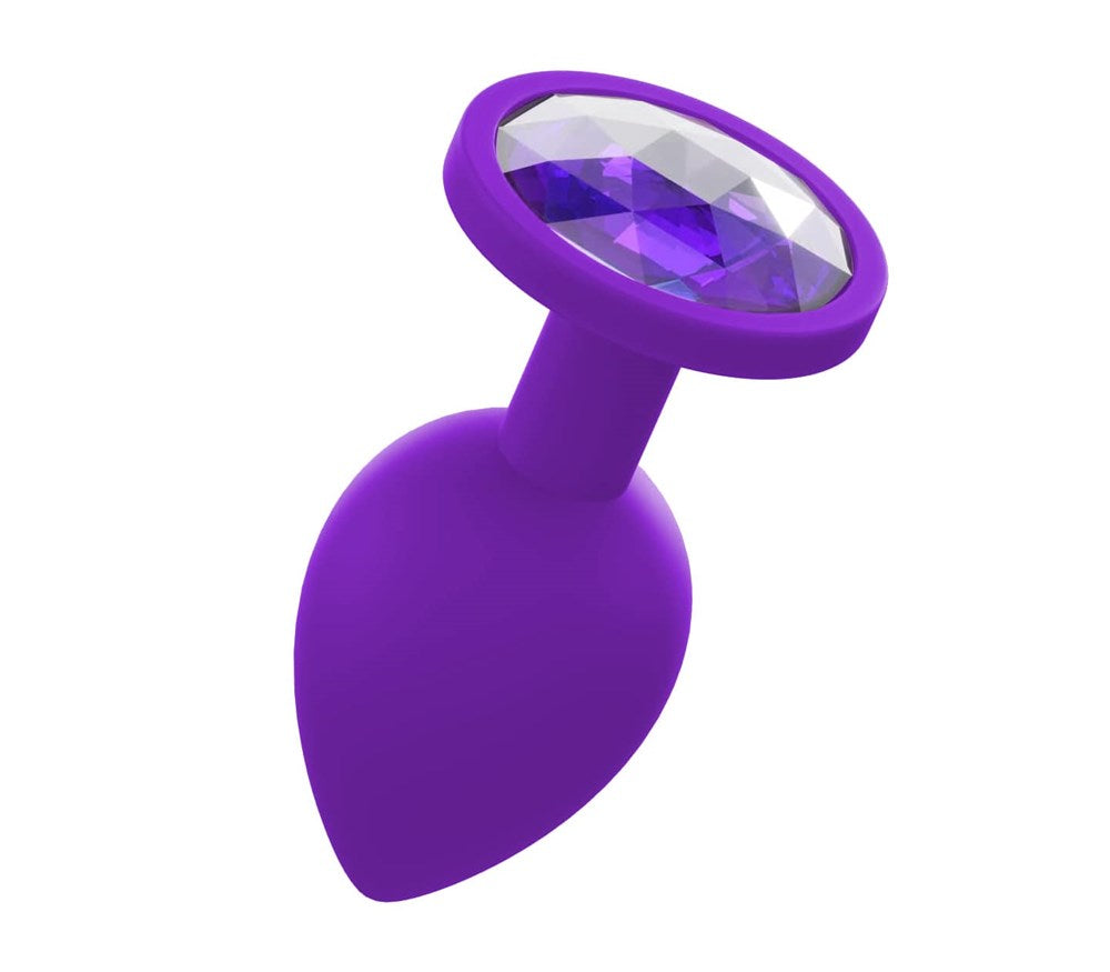 Love In Leather Premium Silicone Anal Plug With Gem Purple - Medium - Butt Plugs