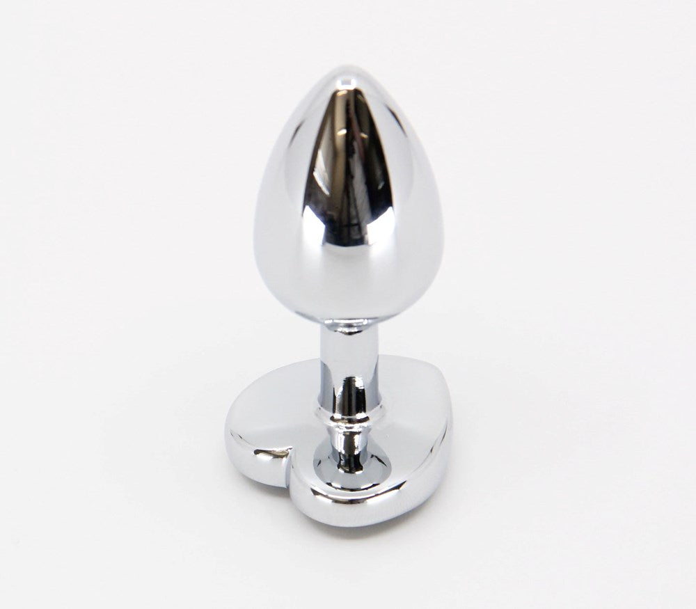 Love In Leather Metal Anal Plug With Heart Gem Clear - Medium - Butt Plugs