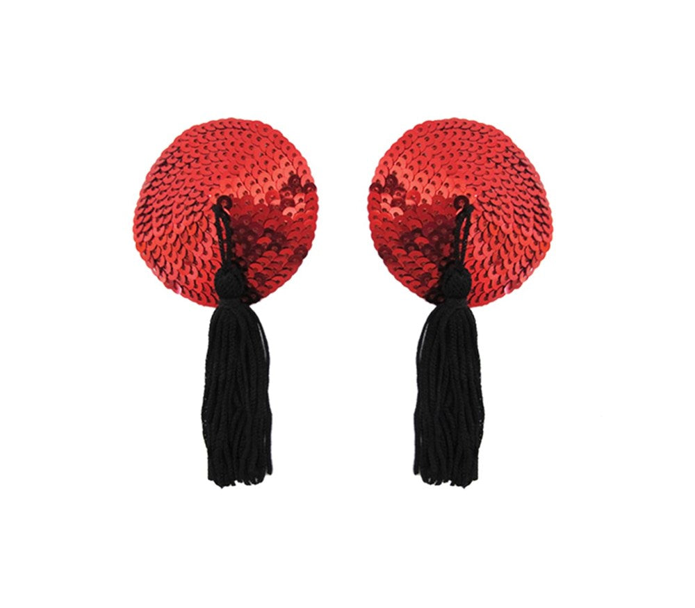Love In Leather Round Sequin Nipple Tassels - Red - Breast and Nipple Toys