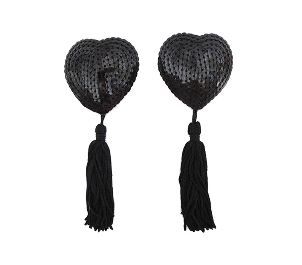Love In Leather Heart Shape Nipple Tassels - Black - Breast and Nipple Toys