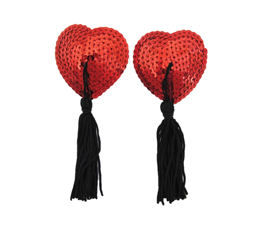 Love In Leather Heart Shape Nipple Tassels - Red - Breast and Nipple Toys