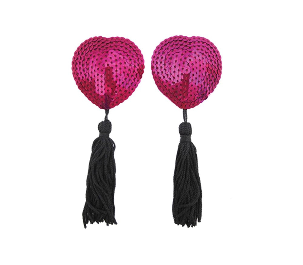 Love In Leather Heart Shape Nipple Tassels - Hot Pink - Breast and Nipple Toys