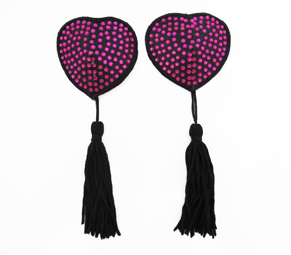 Love In Leather Heart Shape Rhienestone Nipple Tassels - Hot Pink - Breast and Nipple Toys