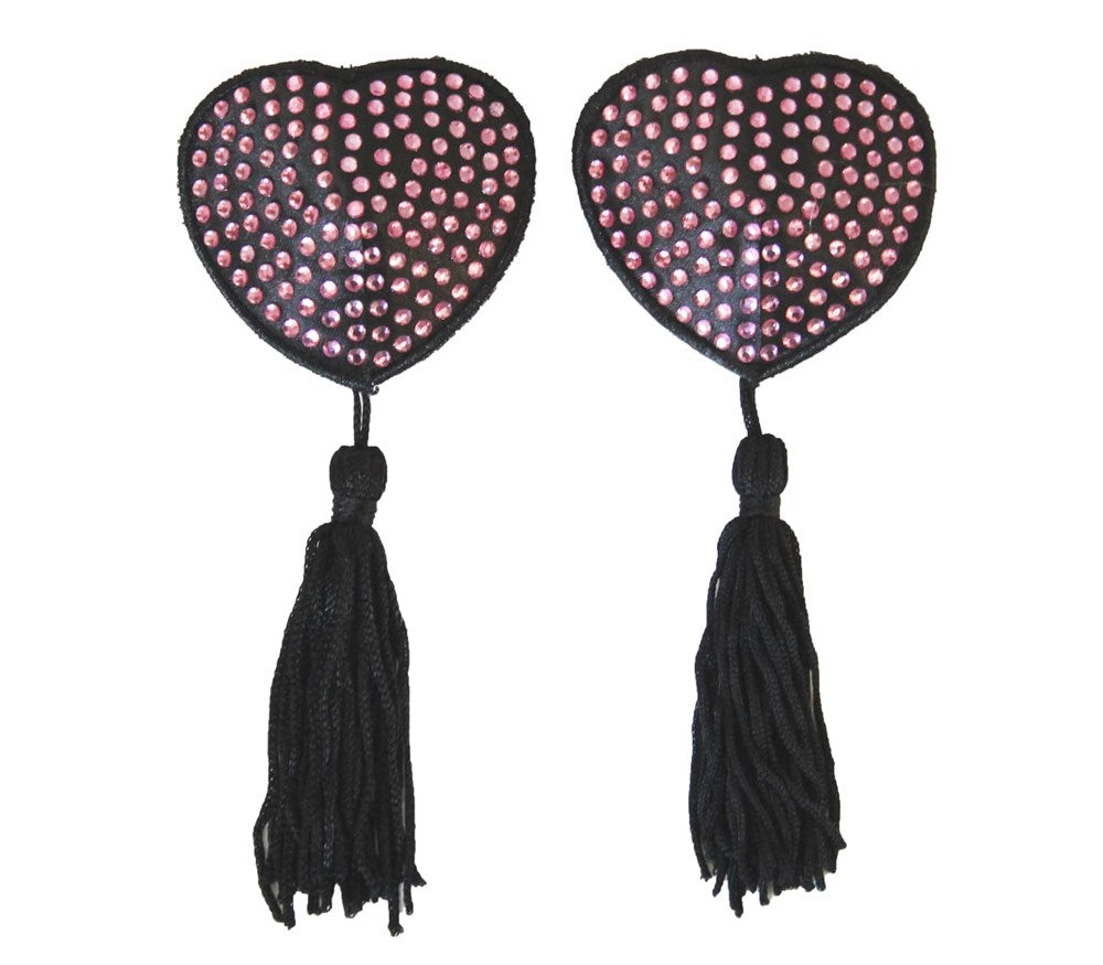 Love In Leather Heart Shape Rhienestone Nipple Tassels - Baby Pink - Breast and Nipple Toys