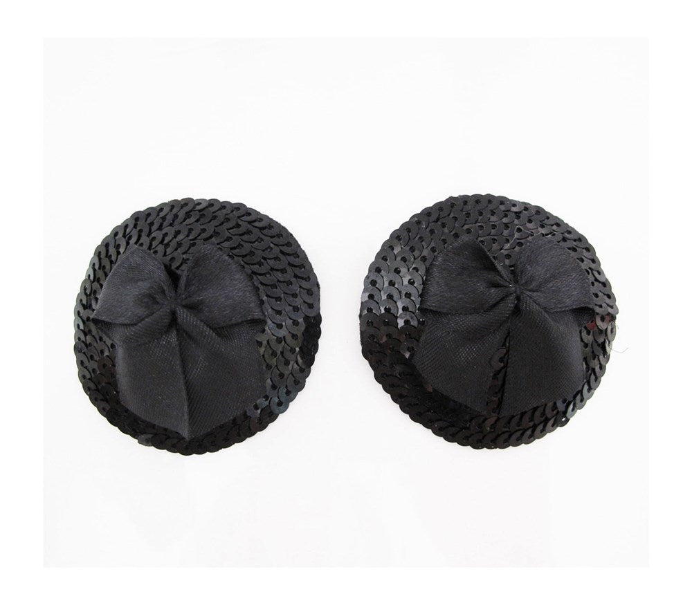 Love In Leather Round Sequin Nipple Pasties With Bow - Black - Breast and Nipple Toys