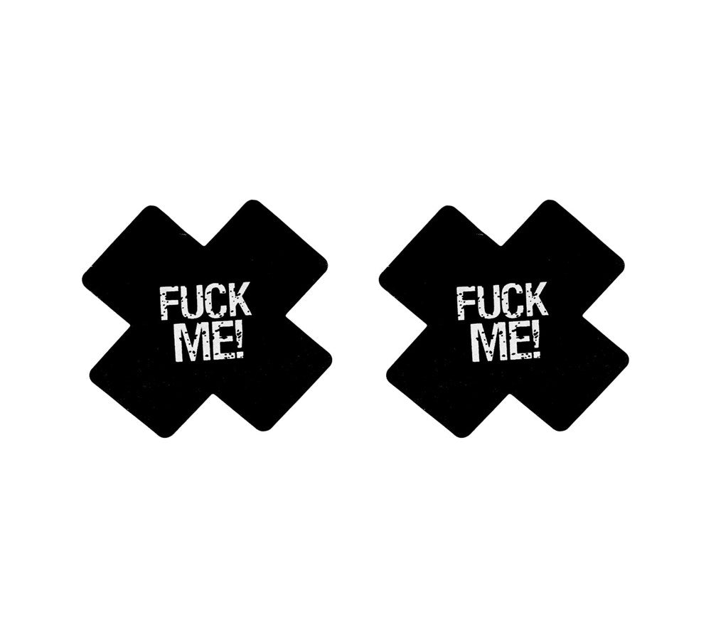 Love In Leather Fuck Me Satin Cross Nipple Pasties - Black - Breast and Nipple Toys