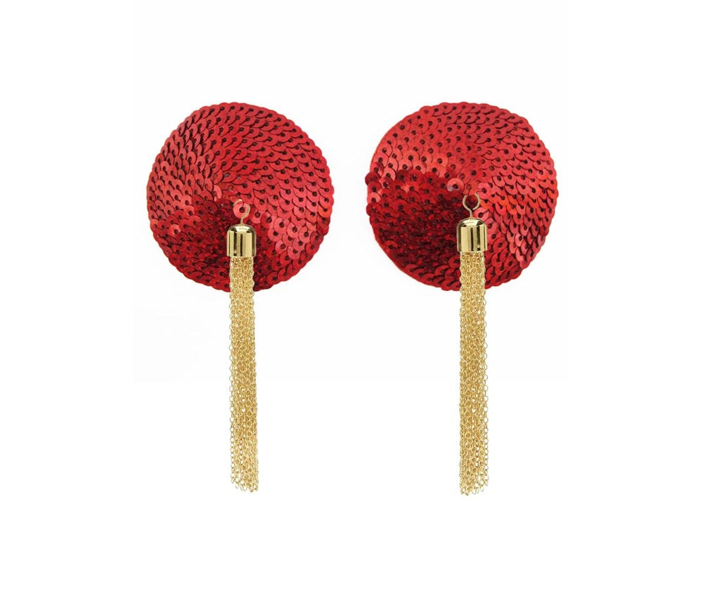 Love In Leather Sequin Pasties With Chain Tassels - Red - Breast and Nipple Toys