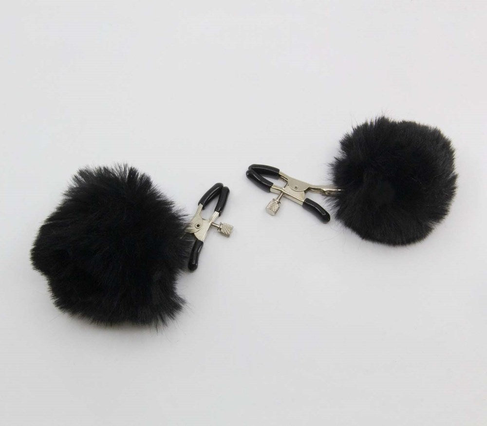 Love In Leather Pom Pom Womens Nipple Clamps - Black - Nipple and Clit Clamps