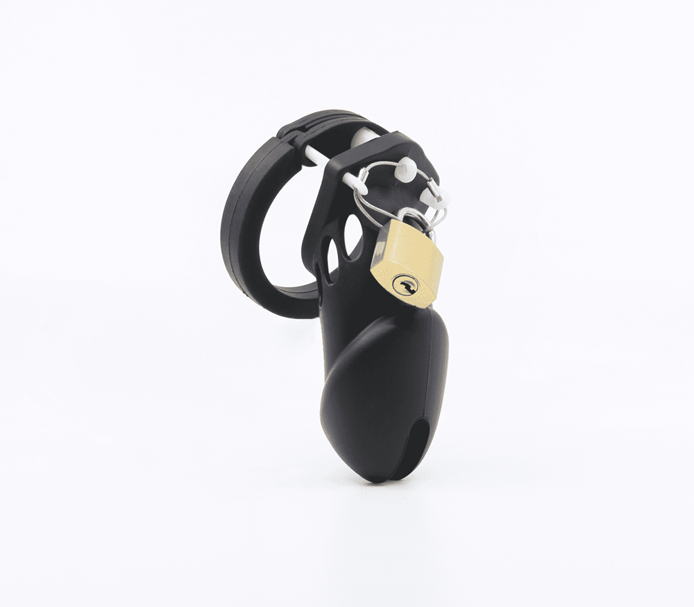 Love In Leather Silicone Male Chastity Cage Long - Black - Male Chastity