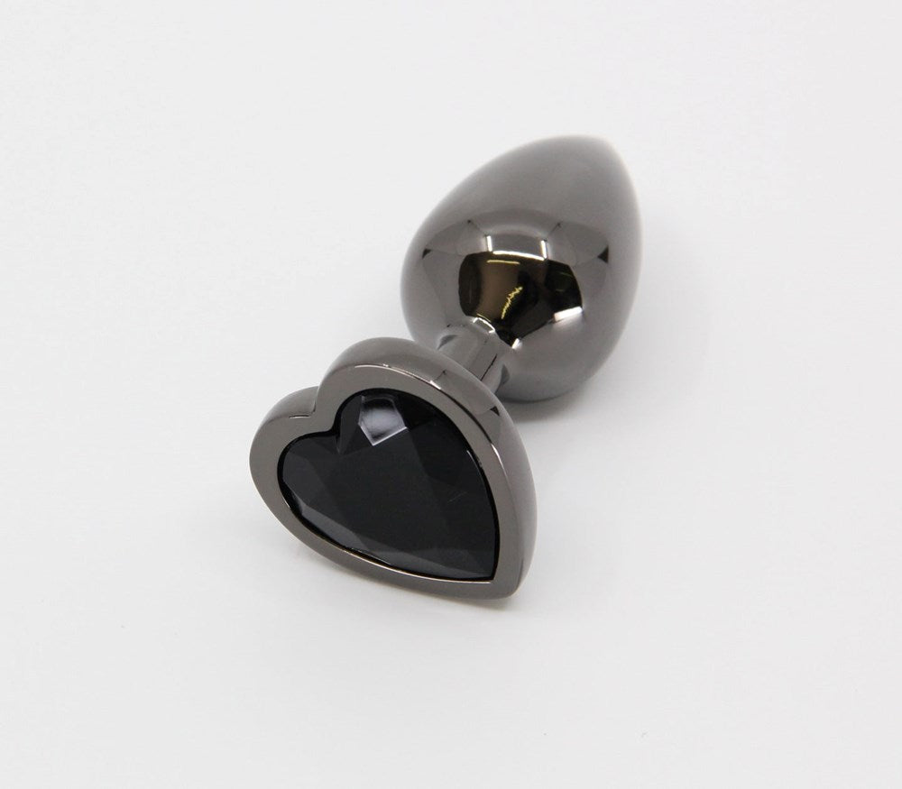 Love In Leather Metal Butt Plug With Heart Gem - Gunmetal Black Small Black Chrome - Butt Plugs