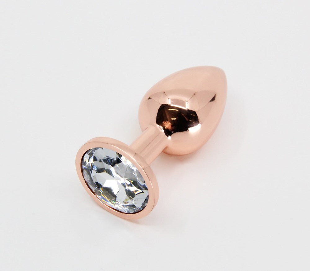 Love In Leather Round Gem Metal Anal Plug - Clear Small Rose Gold - Butt Plugs