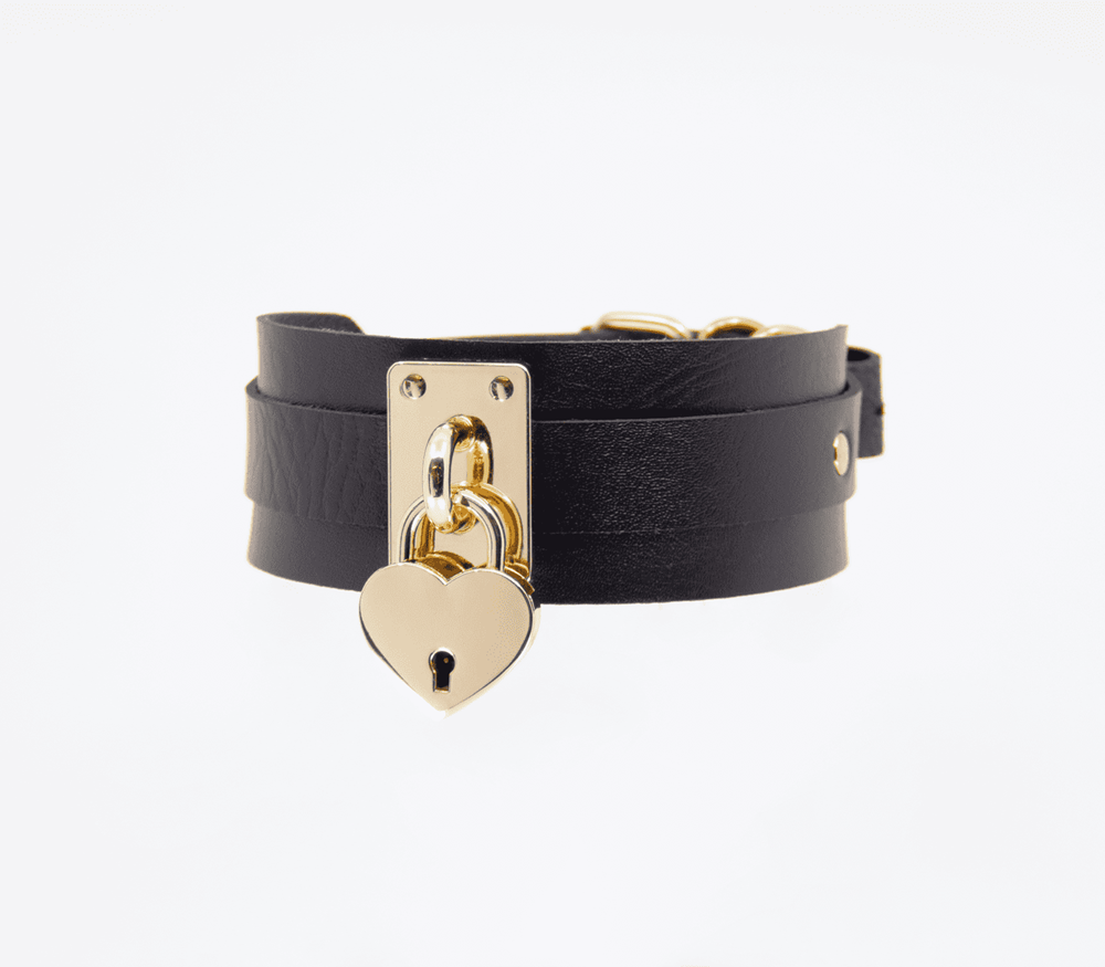 Love In Leather Heart Padlock Faux Leather Collar - - Collars and Leads