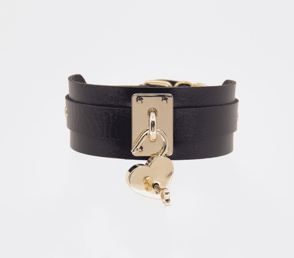 Love In Leather Heart Padlock Faux Leather Collar - - Collars and Leads