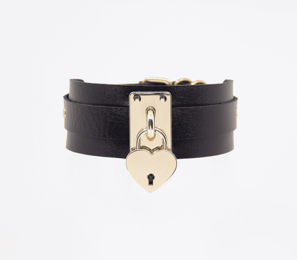 Love In Leather Heart Padlock Faux Leather Collar - Gold - Collars and Leads