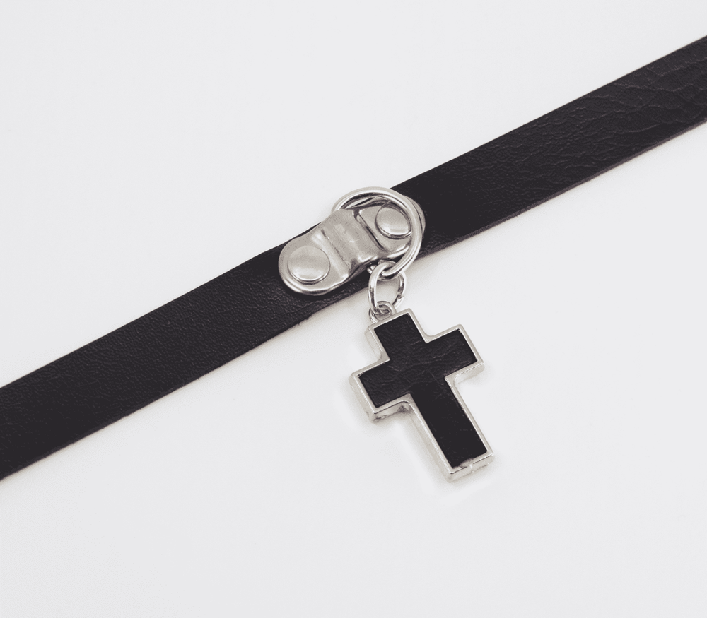 Love In Leather Cross Pendant Faux Leather Choke - Collars and Leads