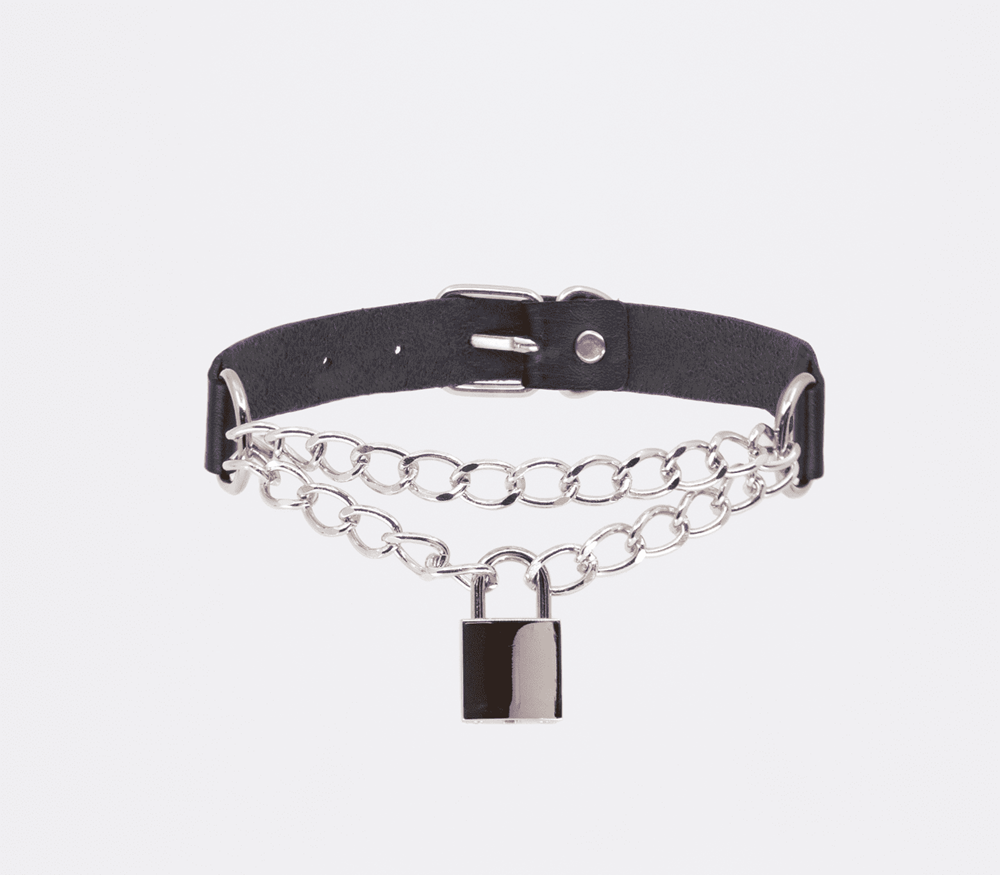 Love In Leather Chain Padlock Faux Leather Choker - Collars and Leads