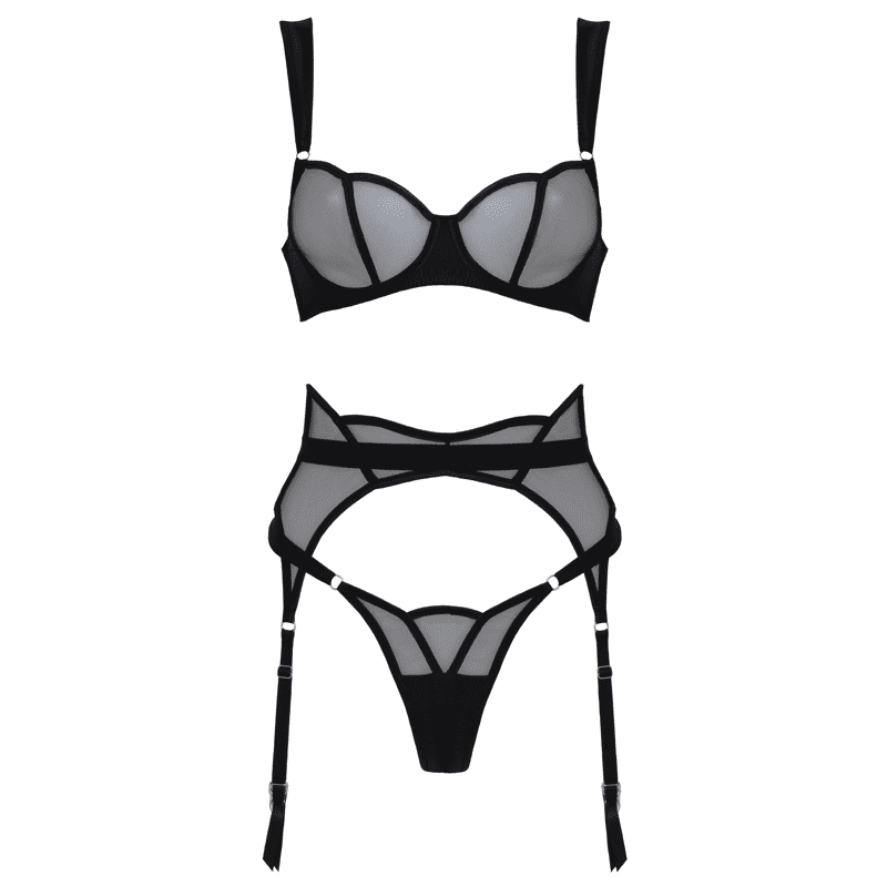 Muse 3-Piece Sheer Mesh And Satin BDSM Lingerie Black - Black Large - Her Fetish