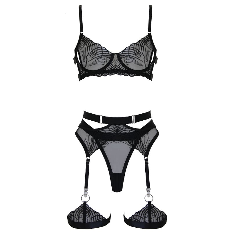 Muse 5-Piece Womens Bondage Lingerie Set Black - Black Large - Her Fetish