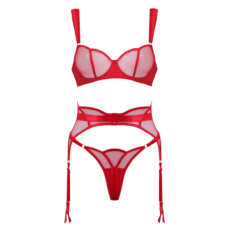 Muse 3-Piece Sheer Mesh BDSM Lingerie Set Red - Red - Her Fetish