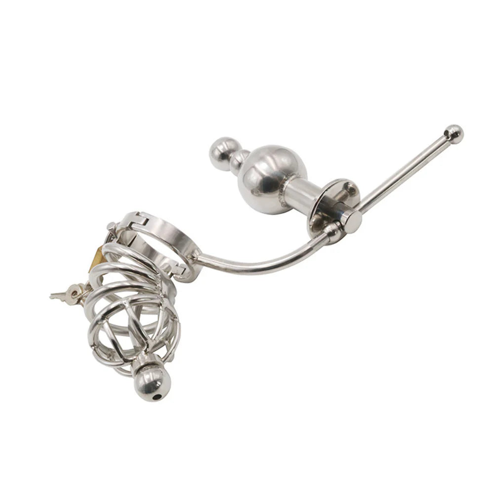 Chastity Cage Urethral Tube With Anal Plug - - Male Chastity