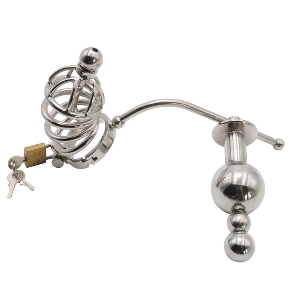 Chastity Cage Urethral Tube With Anal Plug - - Male Chastity