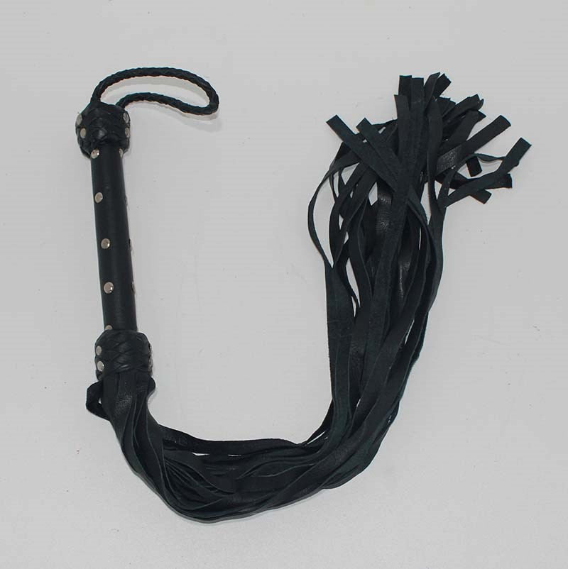 Whiplash Leather Flogger with Handle - Black - Whips And Crops