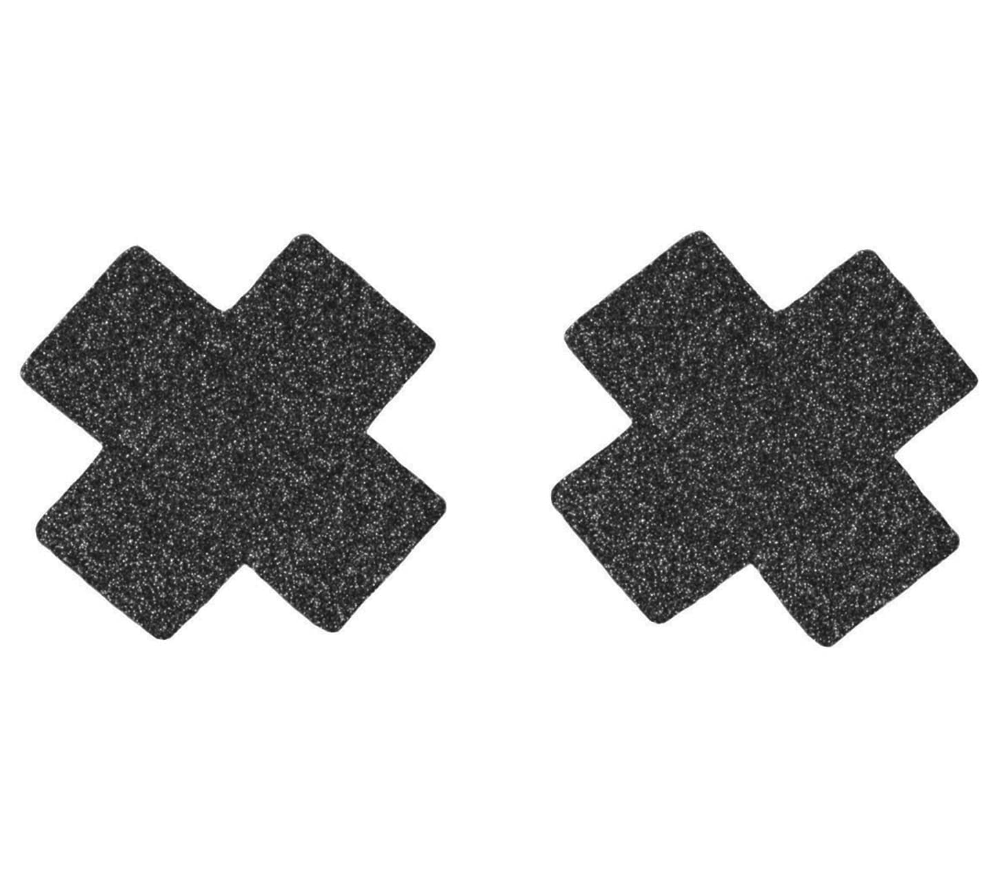 Love In Leather Satin Cross Womens Nipple Pasties - Black Glitter - Breast and Nipple Toys