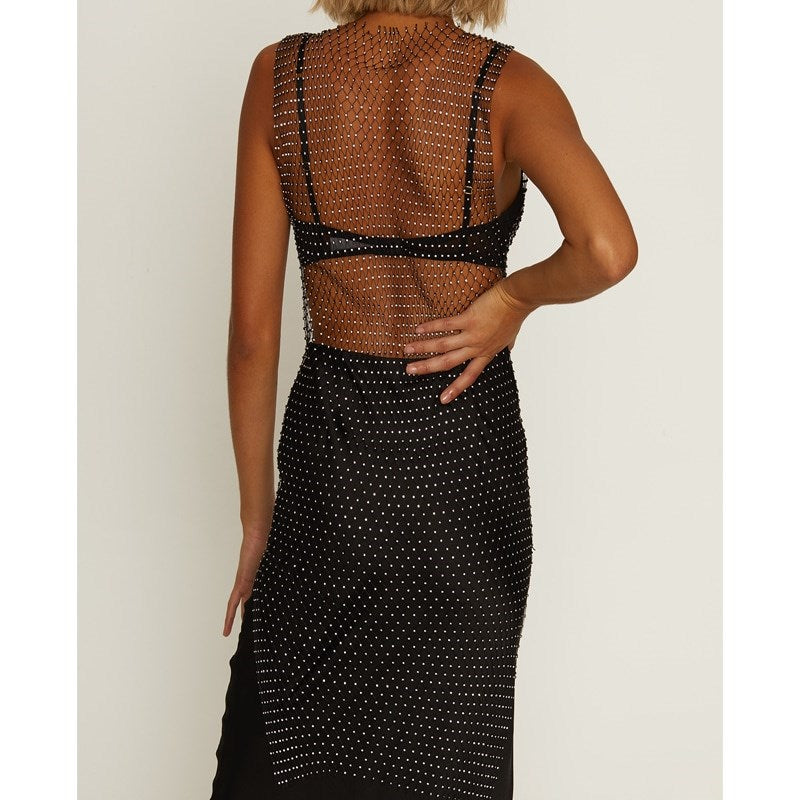 Muse Diamante Studded Mesh Net Dress - - Her Fetish