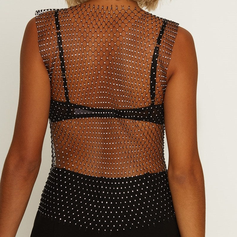 Muse Diamante Studded Mesh Net Top - - Her Fetish