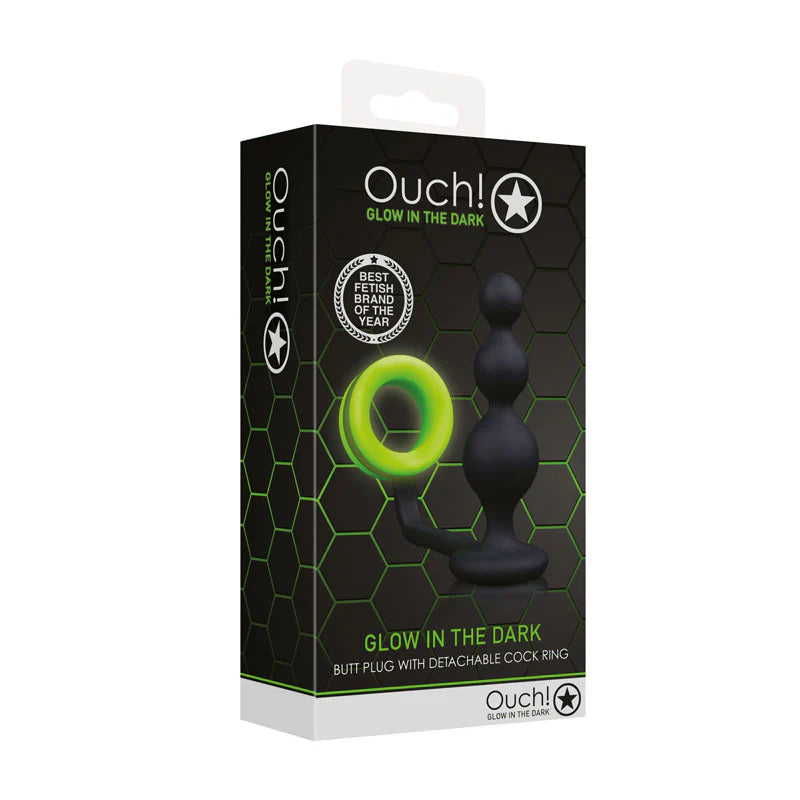 OUCH! Glow in Dark Beads Butt Plug with Cock Ring - - Anal Beads and Balls