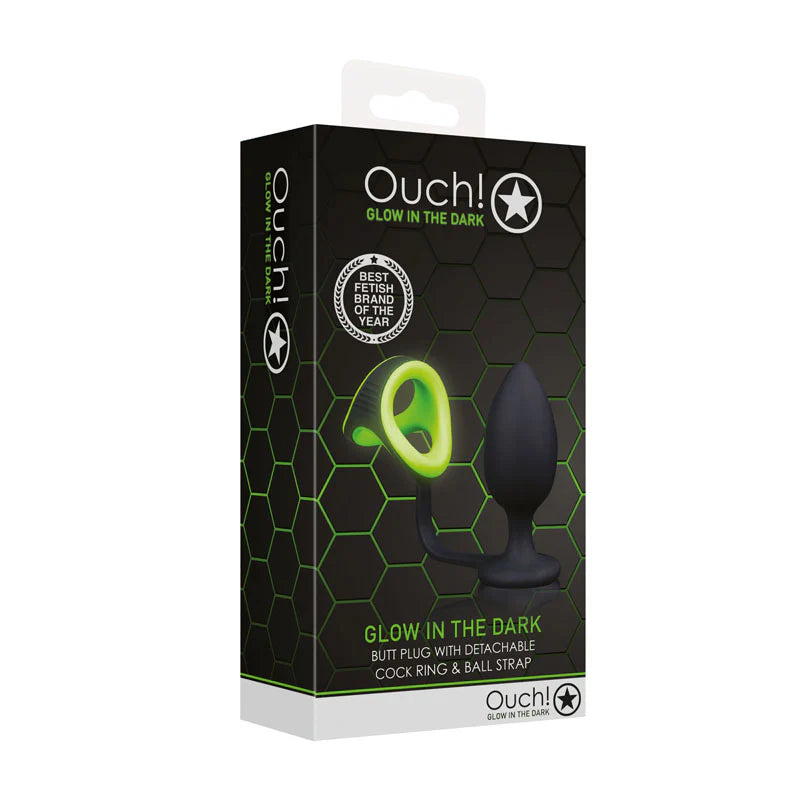 OUCH! Glow in Dark Plug + Cock Ring & Ball Strap - - Cock Rings