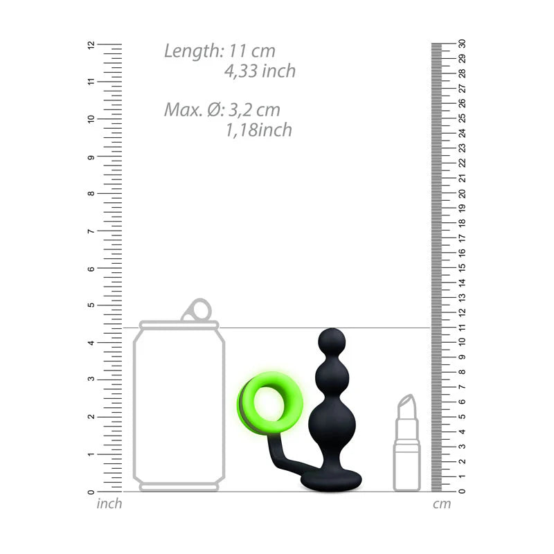 OUCH! Glow in Dark Beads Butt Plug with Cock Ring - - Anal Beads and Balls
