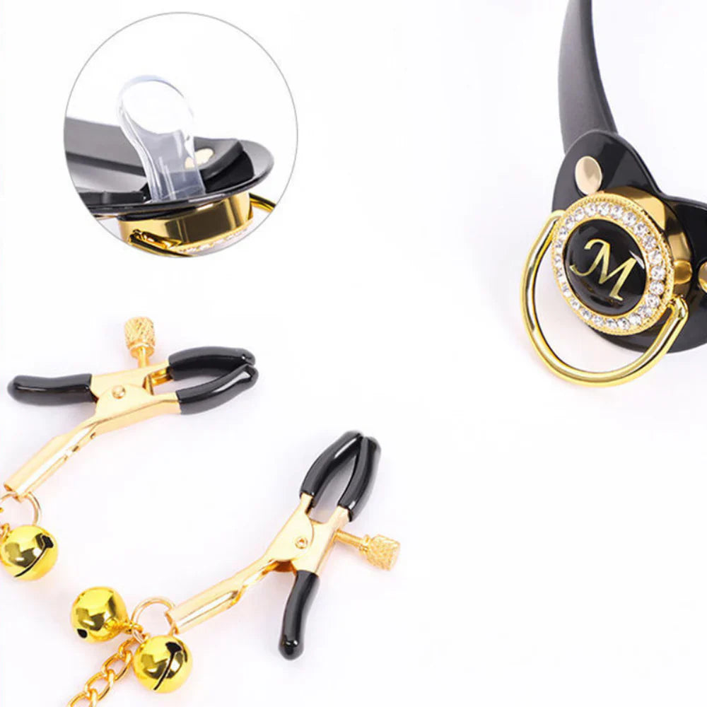 Pacifier Mouth Gag With Nipple Clamp Clip - - Breast and Nipple Toys