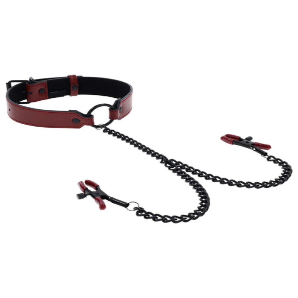 Saffron Bondage Collar with Nipple Clamps - - Nipple and Clit Clamps