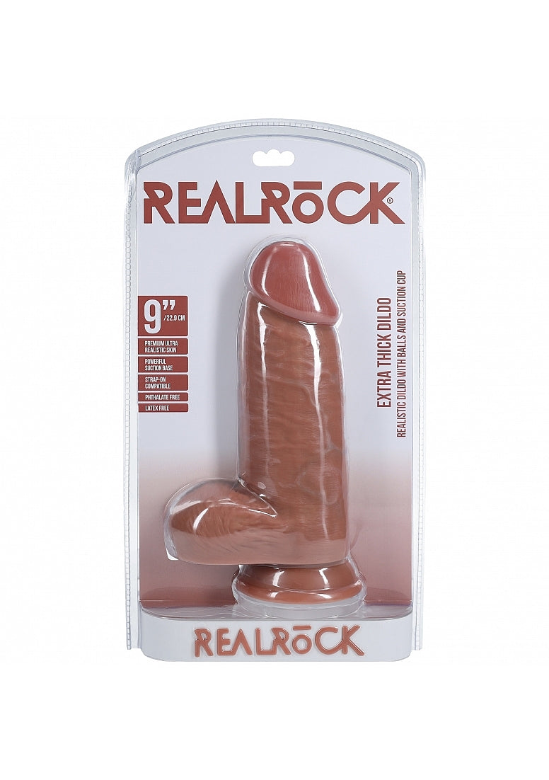 Realrock Extra Thick Realistic Skin Dildo with Balls 23cm - Tan - Realistic Dildos