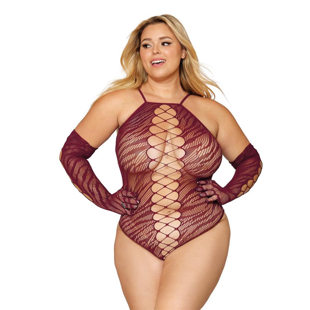 Dreamgirl Seamless Zebra Fishnet Teddy and Glove Set Quee - Teddies and Bodysuits