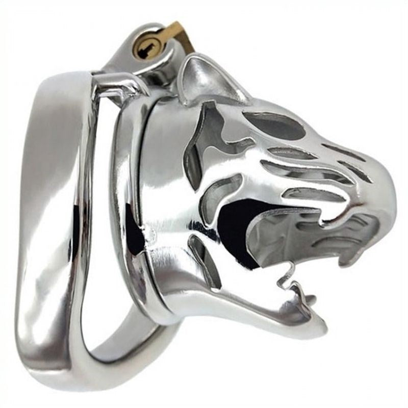 Tiger Head Bend Ring Steel Cock Cage - - Male Chastity