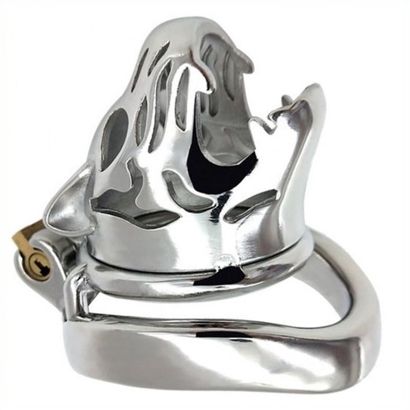 Tiger Head Bend Ring Steel Cock Cage - - Male Chastity