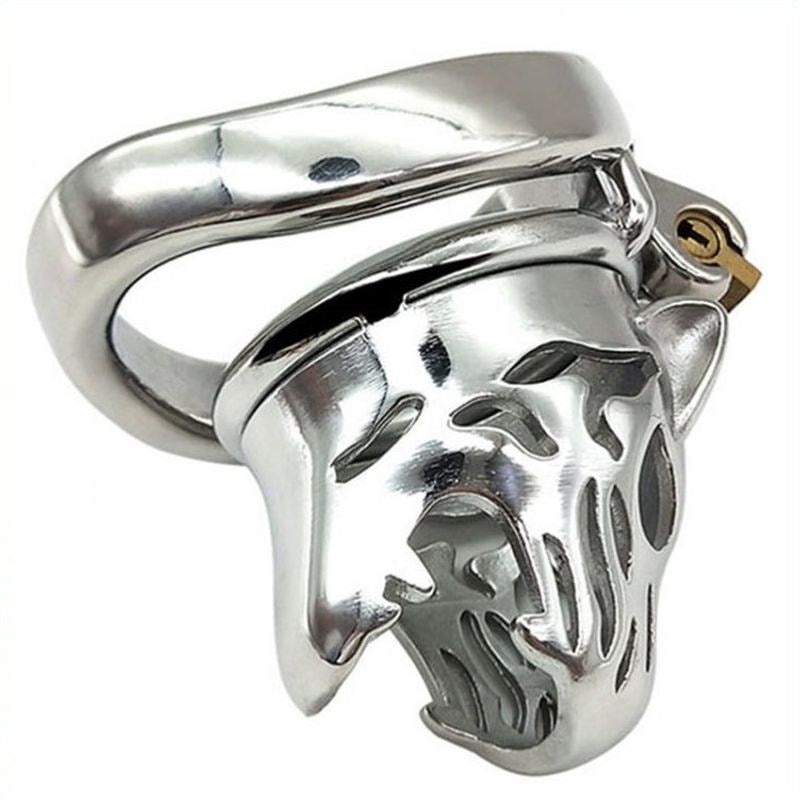 Tiger Head Bend Ring Steel Cock Cage - - Male Chastity