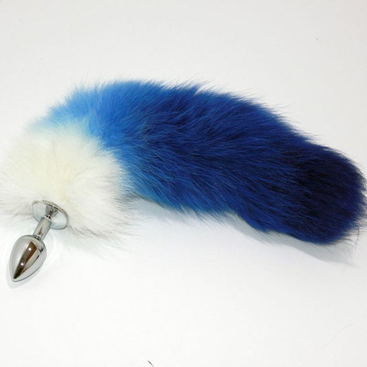 Blue Faux Fox Tail Silver Butt Plug - Butt Plugs